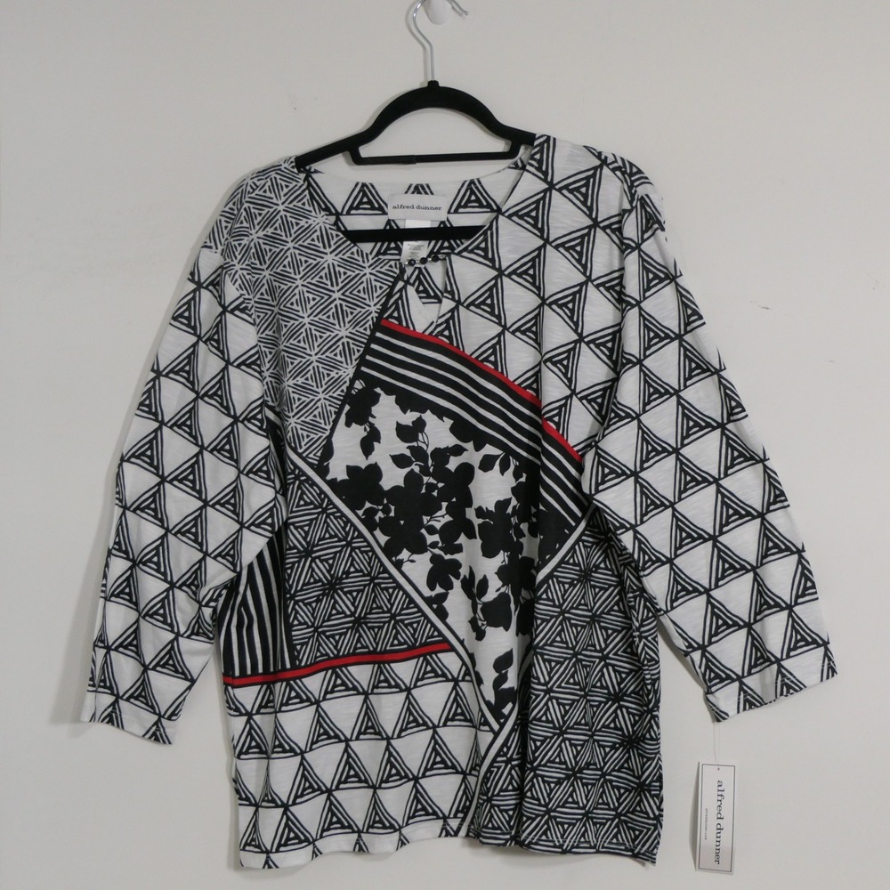Alfred‎ Dunner Womens Wild At Heart Top XL Black White Geometric Floral 82454VT